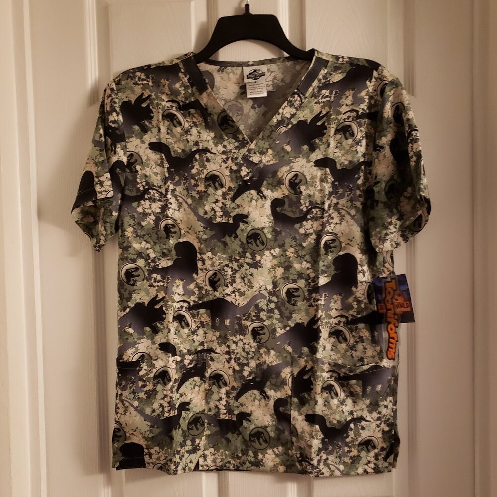 Jurassic World Tooniforms Scrub Top Unisex Vneck Shirt Black Camo Dinosaur Small
